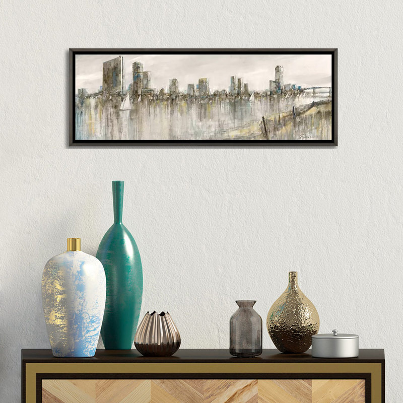 «Skyline Sail» par Ruane Manning - reproduction d'art panoramique, H 12 po x l 36 po x P 1,5 po, Toile avec cadre gris