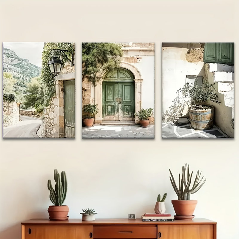 «Rustic Mediterranean Alley», reproduction sur toile 3 pièces - Cozy Living Space, 36 * 24 pouces 3 pièces