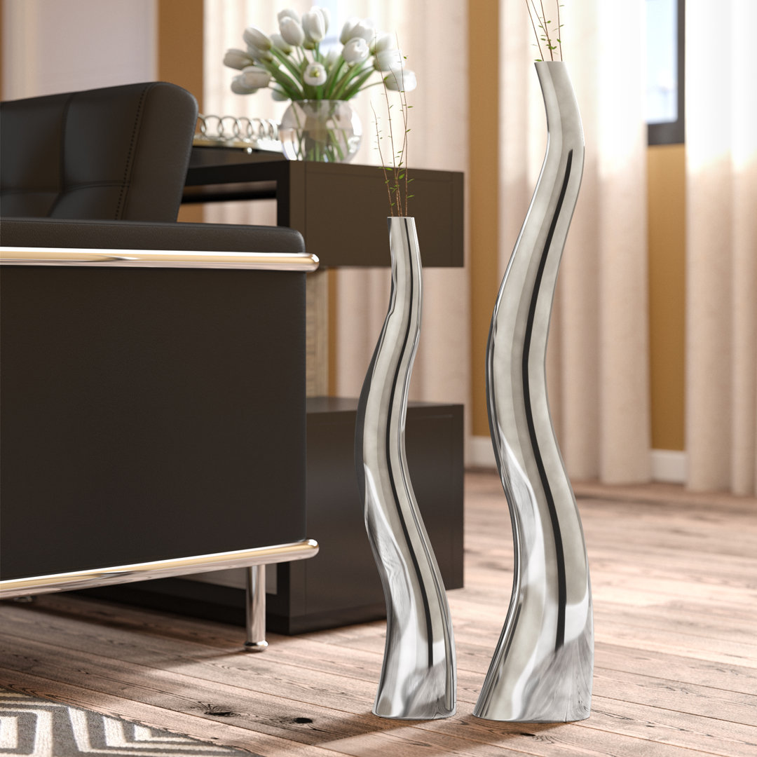Roarke (Set Of 2) Modern Tall Silver Squiggly Vases Orren Ellis