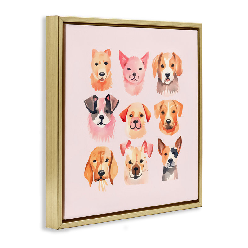 "Whimsy Dog Parade", art mural sur toile flottante par Andrea Haase, Cadre flottant métallique doré, H 25 po x l 25 po
