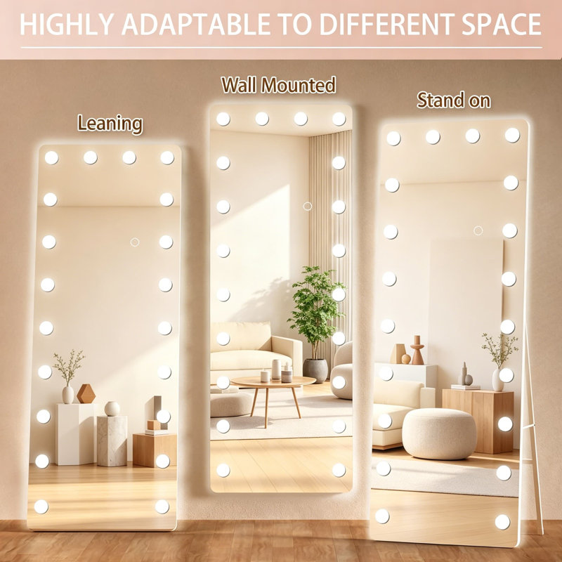 Full Length Mirror With Lights, 63 Inch LED Standing Mirror, Hollywood Body Mirror With Bulbs, Wall Mounted, 3 Color Temperature Modes, Touch Sensor, Frameless Design, HD Glass