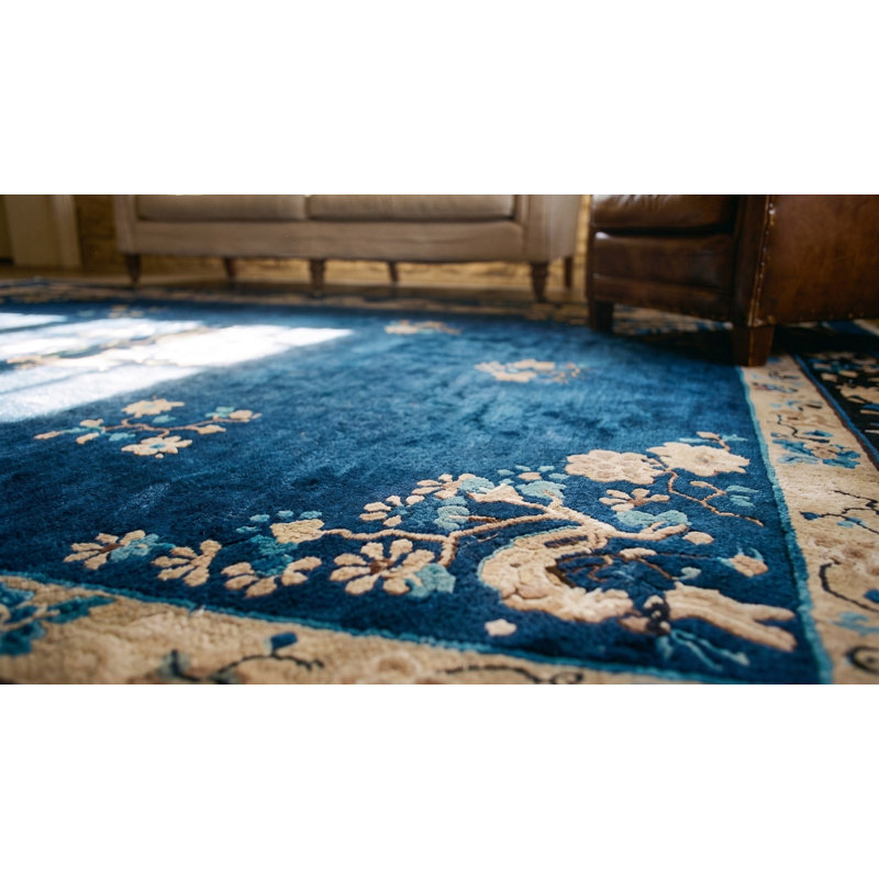 Antique Peking Chinese Floral Blue 1920s Rug