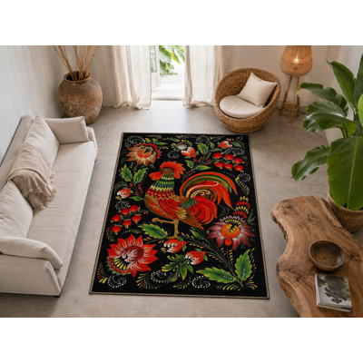 Black And Red Themed Rooster And Flower Rose Pattern Modern Decorative Carpet