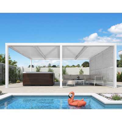 Purple Leaf Louvered Pergola Outdoor Aluminum Pergola With Fixed Shutter Wall Adjustable Roof For Deck Backyard Grey Hardtop Gazebo, 1 Short Side