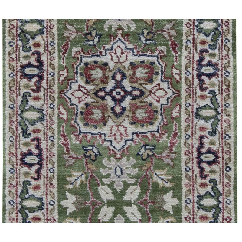 Hand-Knotted High-Quality Green and Beige Runner
