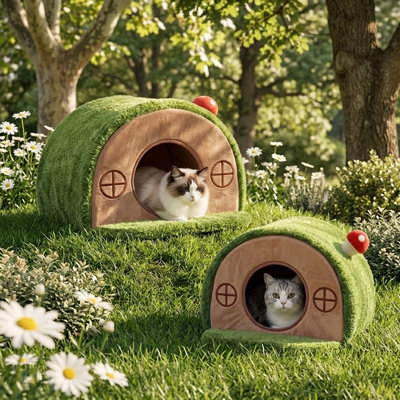 Cat Bed Cave for Indoor Cats – Tree Hole Cat House Tent for Kittens & Small Pets with Removable Washable Cushion & Non-Slip Base, Enclosed Hideaway