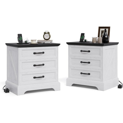 Farmhouse Nightstand with Charging Station & 3 Large Drawers, 24 Inch Wide Rustic Bedside Table & End Table for Bedroom
