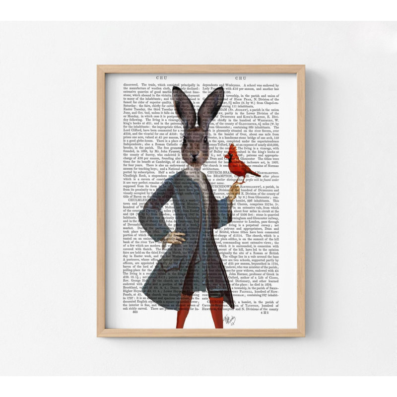 Rabbit And Bird, Northern Cardinal Poster Print, Small Red Bird Print, Classic Bunny Quirky Wall Decor, Bird Lover Gift Idea