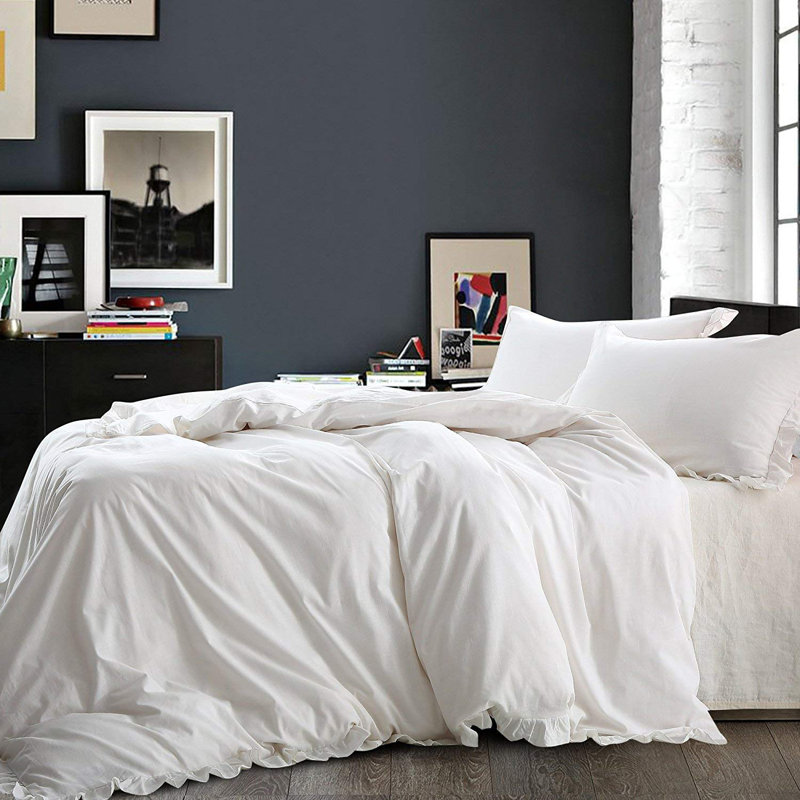 3 Pieces Duvet Cover Set, Linen Solid Color Set with Exquisite Ruffles Design - NTBAY, King Duvet Cover + 2 Shams, White