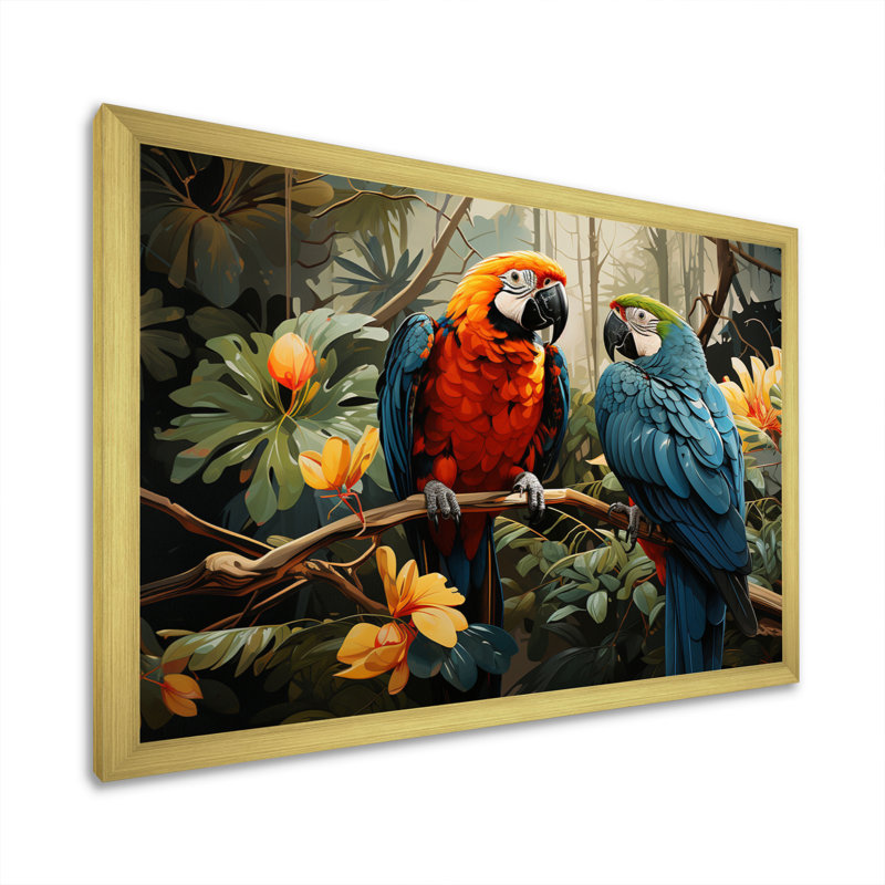 Tropical Parrot Plumage I, 16" H x 32" W x 1" D, Gold Single Picture Framed