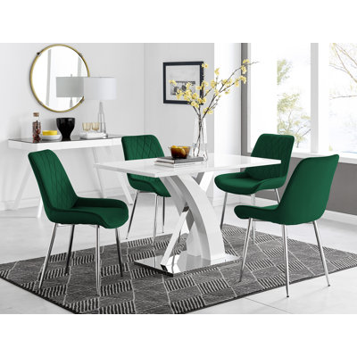 Marietta Chrome Metal & White High Gloss Dining Table Set - 4 Luxury Velvet Dining Chairs