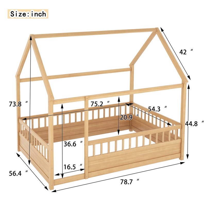 Lit en bois pour enfants avec clôture, maisonnette pour enfants, Lit double, Naturel