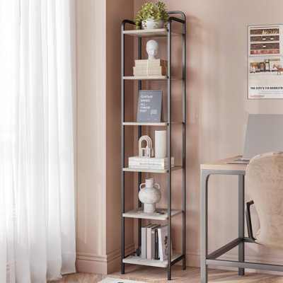 Bibliothèque industrielle étroite, étagère mince à 6 niveaux pour le bureau personnel, le salon, la chambre à coucher, la cuisine - rangement compact avec plateau incurvé et cadre en métal