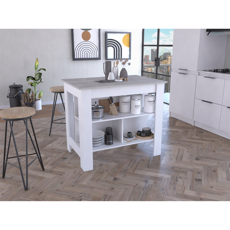 Cala Kitchen Island, Four Legs, Three Shelves -White