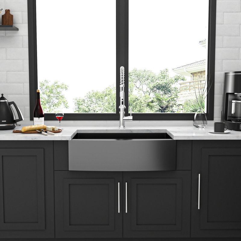 33" Stainless Steel Sink In Gunmetal Black, 16 Gauge, With R10 Rounded Corners And Accumulation Black Apron Front Sink, Surface Good Drainage System