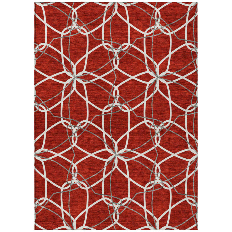 3' X 5' Red And Ivory Geometric Washable Indoor Outdoor Area Rug