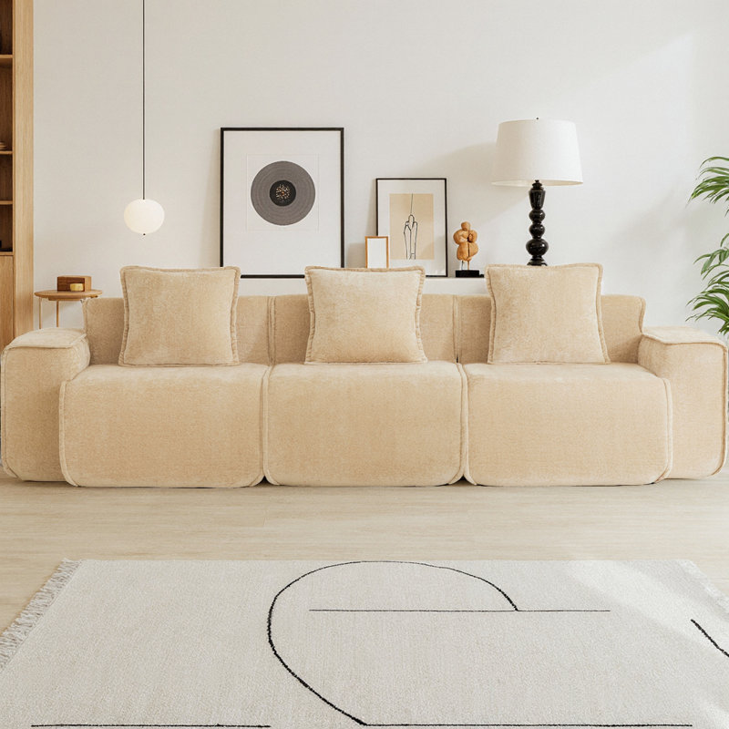 Canapé modulaire en velours 3 places avec passepoil à bordure française, sans assemblage requis, avec canapé-lit désossé et coussins décoratifs pour salon moderne