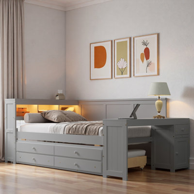 Modern Daybed With Storage Shelves, Drawers, Trundle, Charging Station, Led Light, Desk And Cabinet by Red Barrel Studio