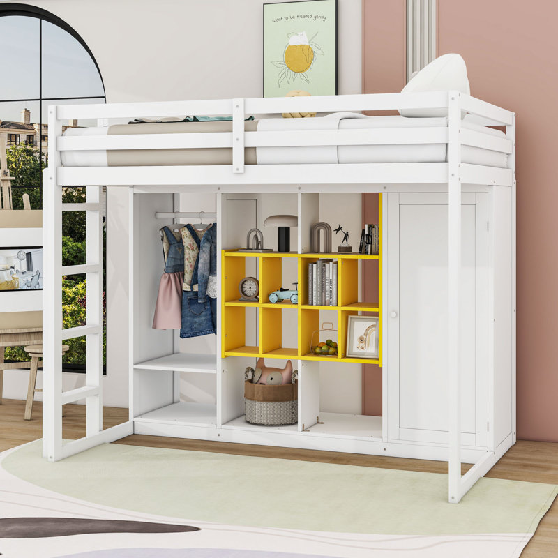 Wooden Loft Bed With Shelves, Wardrobe And Guardrails, White/Yellow, Twin