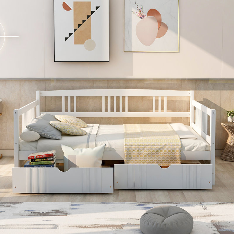 Lit de jour moderne avec 2 tiroirs et structure en bois, Lit double, Blanc