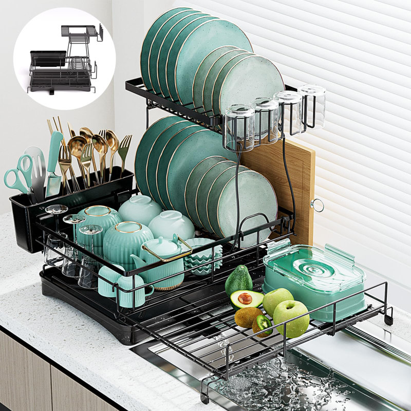 Égouttoir à vaisselle extensible à 2 niveaux, grands égouttoirs à vaisselle en acier inoxydable pour comptoir de cuisine