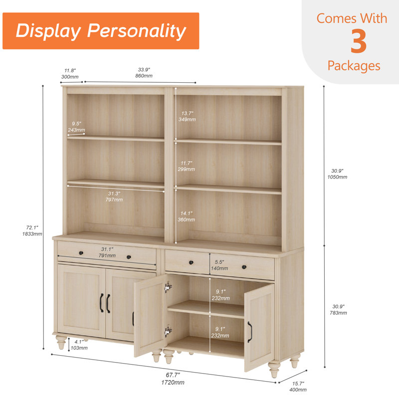 Armoire de cuisine de 72,1 po de hauteur avec 2 tiroirs et 4 portes, chêne clair