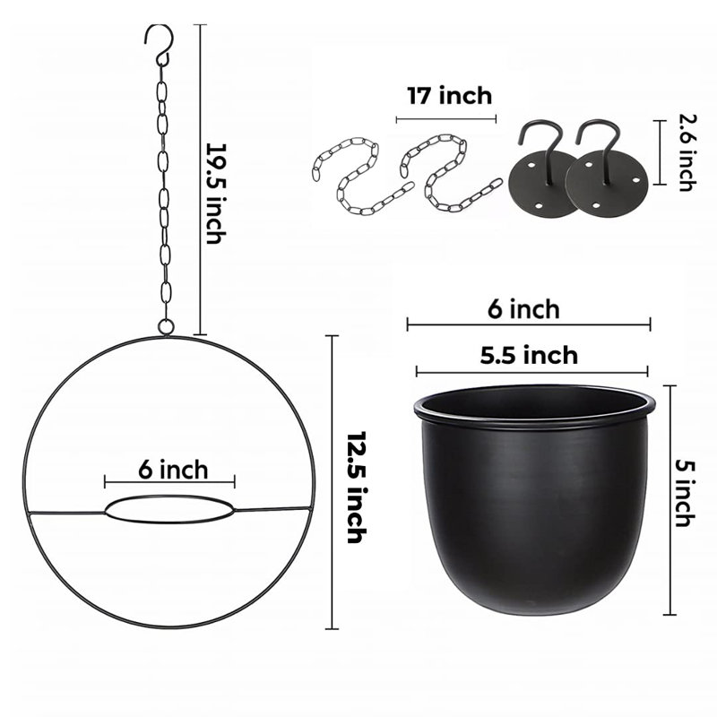Paquet de 2 jardinières suspendues pour plantes d'intérieur avec pot de 5,5 po + crochet de plafond + chaîne d'extension | Support à plante à suspendre, pot à fleurs minimaliste en métal, sans plante incluse