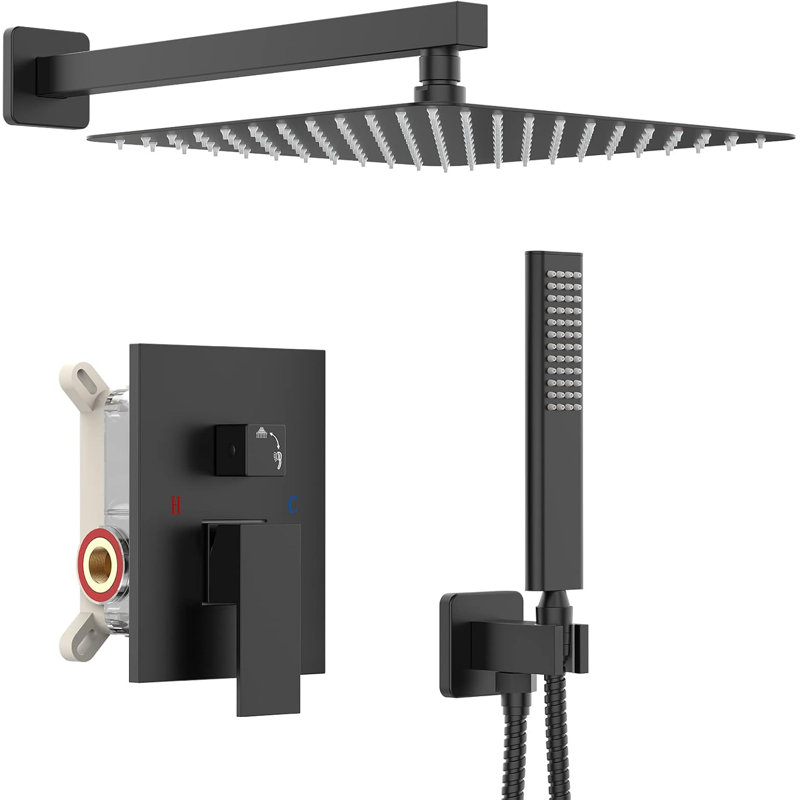 Oil Rubbed Bronze Shower System With 12 Inch Square Rainfall Shower Head And Handheld Spray, Wall Mounted Shower Faucet Set With Mixer Valve And Trim Kit, Concealed Installation Design