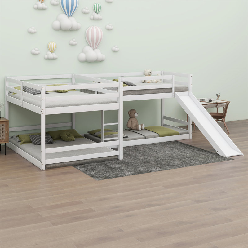 Lit superposé en L pour lit double et simple avec glissière et échelle courte, Blanc