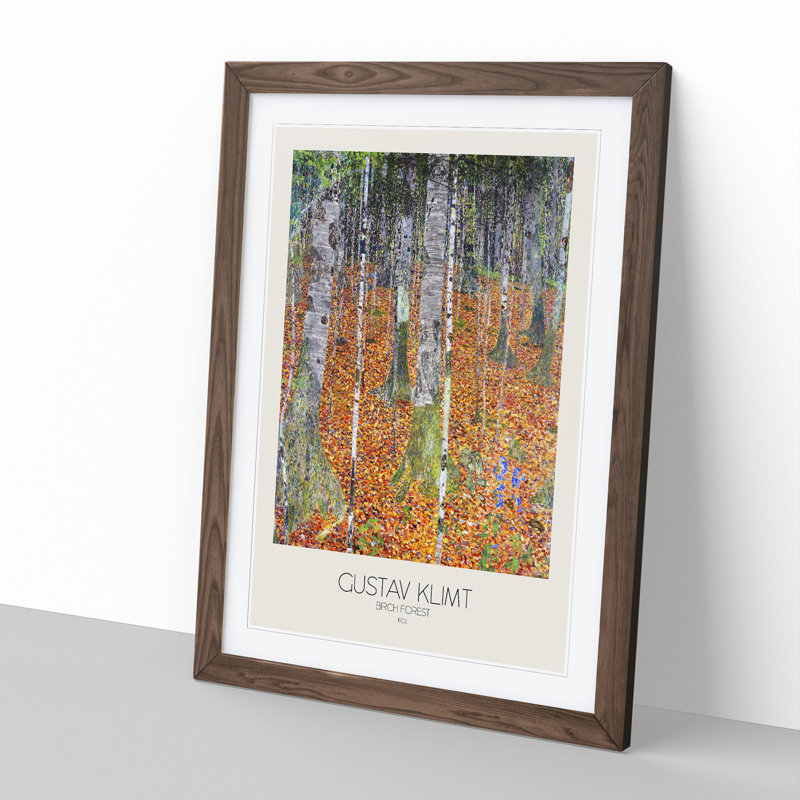 Birch Forest with Border by Gustav Klimt - Picture Frame Painting, 65cm H x 48cm W x 2cm D, Walnut Framed
