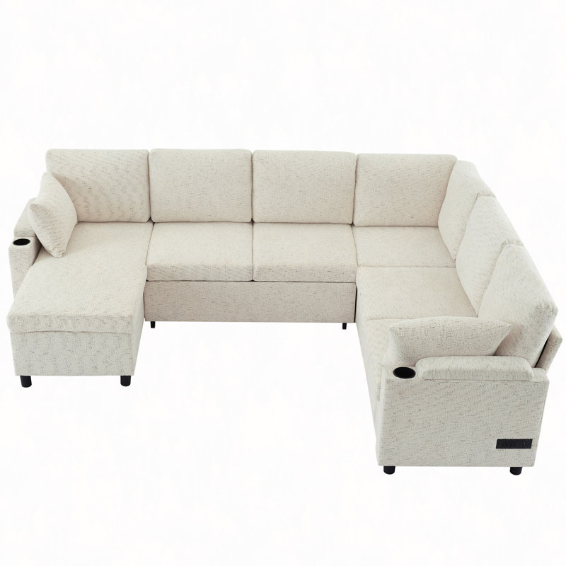 Canapé-lit modulaire polyvalent de 109,9 po avec canapé-lit en U avec espace de rangement, deux porte-gobelets et ports de chargement