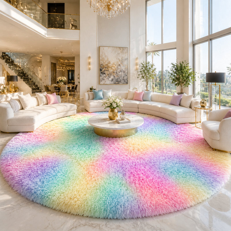 Ebern Designs Soft Fluffy Tie-Dyed Rainbow Shag Area Rug for Living Room Bedroom Nursery Kids Room, Round 6'