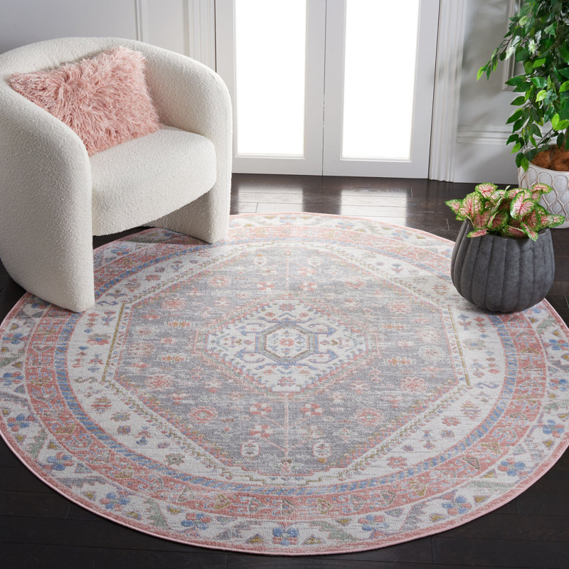 Bayside Oriental Machine Washable Non-Slip Area Rug in Pink & Beige, Round 160 cm