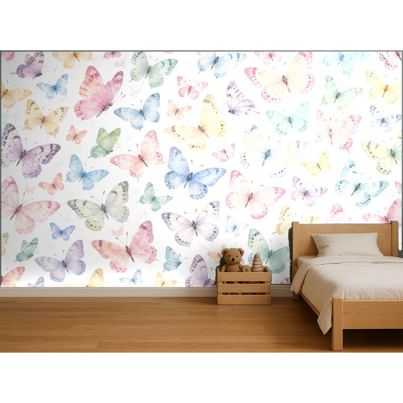 Pastel Butterflies Scatter Wallpaper Mural, Peel and Stick Kids Room Wall Mural, Watercolor Nursery Wallpaper Made to Measure
