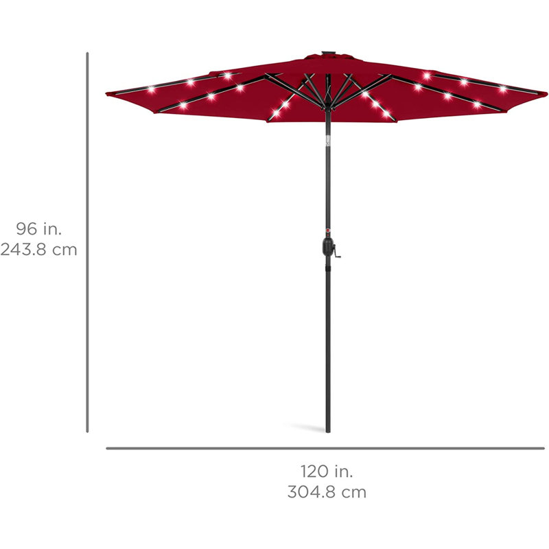 Shearer 10ft Solar LED Lighted Patio Umbrella w/ Tilt Adjustment, UV-Resistant Fabric, Red