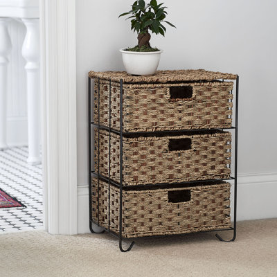 Unité de rangement en osier tissé à la main à 3 tiroirs Cimah, structure en métal robuste avec pieds courbés, durable, compacte, sans assemblage requis, naturel