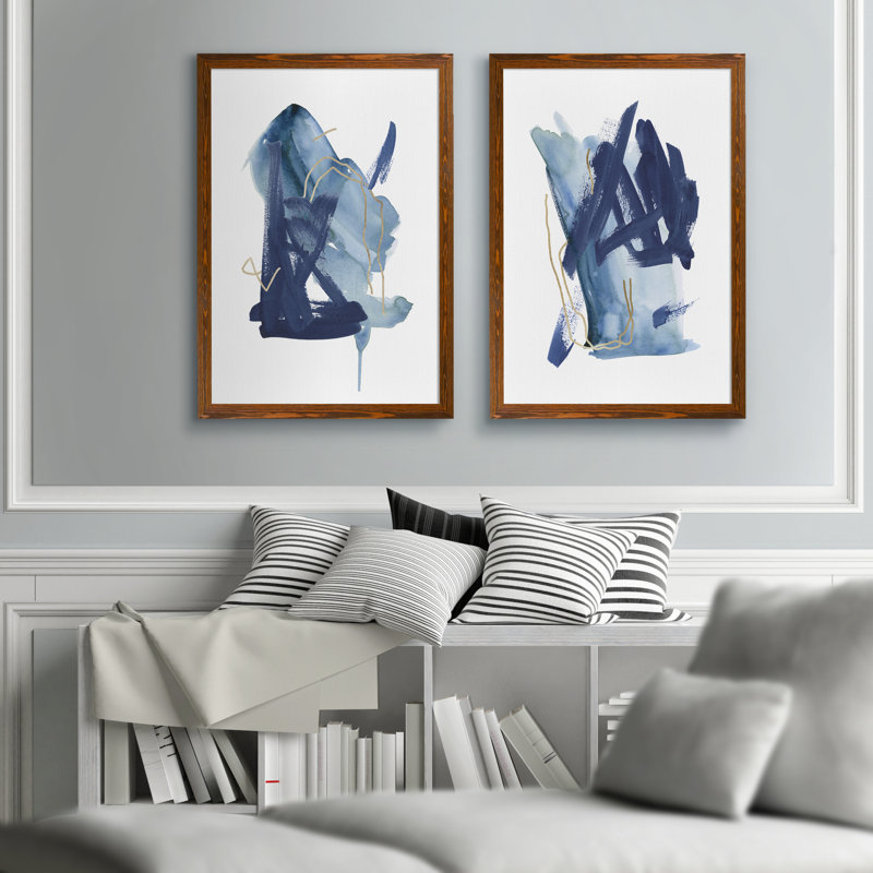 «Indigo Collide I» par Melissa Wang - ensemble de 2 peintures encadrées, H 24 po x l 18 po, Toile encadrée, Espresso