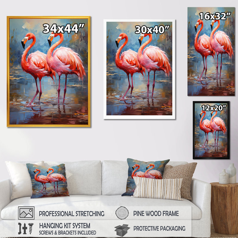 «Flamingo Beach Couple II» - art mural bord de mer tropical, Cadre flottant blanc, H 32 po x l 24 po