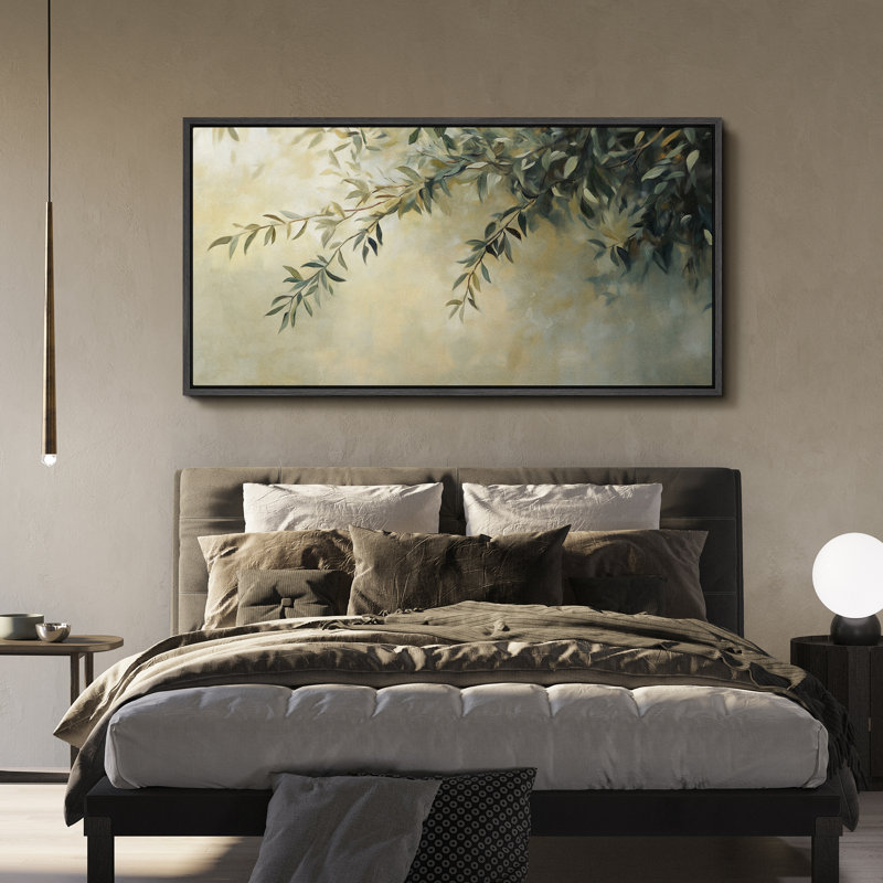 «Hanging Olive Branch Leaves», impression sur toile encadrée pour décor méditerranéen, Noir, H 30 po x l 60 po
