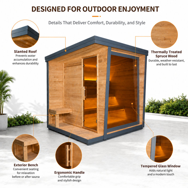 6 Person Outdoor Square Sauna, Carbonized Spruce Wood, 9Kw Sauna Stove, Tempered Glass Door, Aluminum Frame
