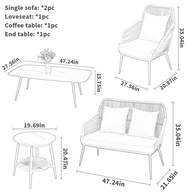 Ensemble de conversation d'extérieur 4 personnes avec coussins Noorin