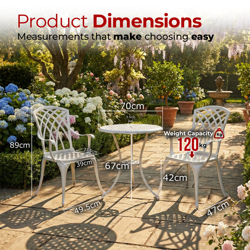 Musso Luxurious Garden & Patio Table & 2 Large Chairs With Armrests Cast Aluminium Bistro Set, White