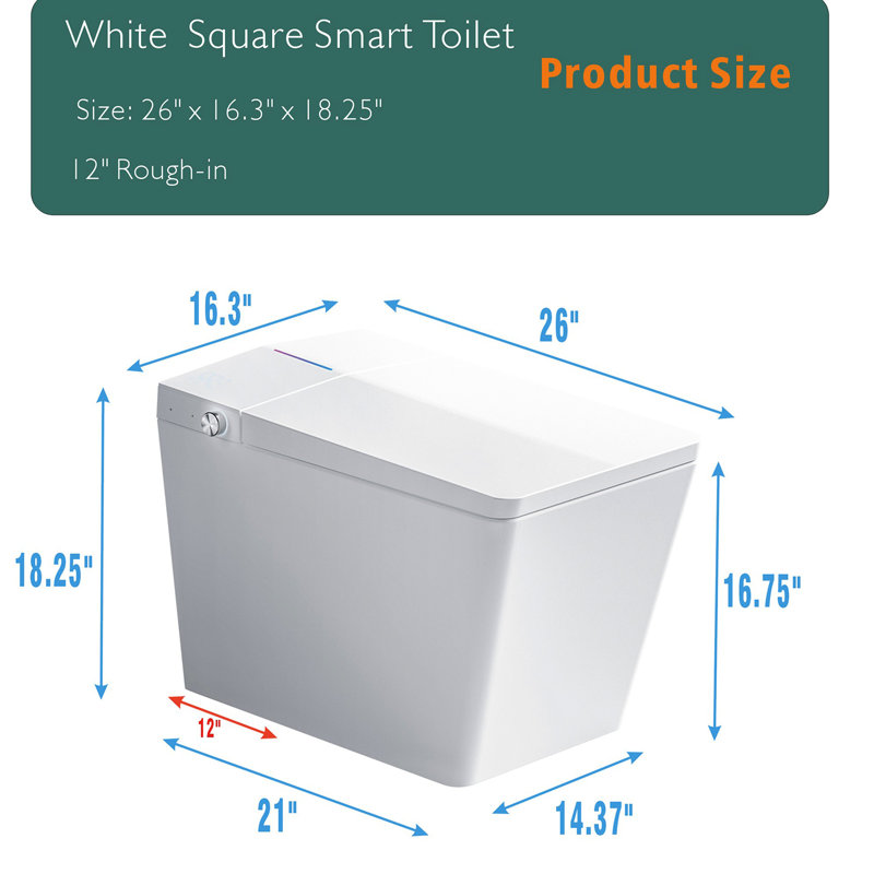 Modern Square Toilet With Embedded Tank - Remote Operated, Auto Flush, Heated Seat, Led Interface, User Customizable Options, White Hue Bathroom Smart Attached Remote-controlled, Auto-flush, Monitor,