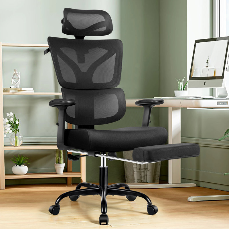 Baram Home Office Ergonomic Mesh Task Chair with Headrest and Footrest, Black, Black
