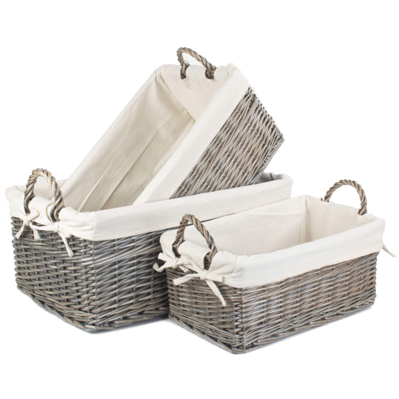 Shallow Lined Wicker 3 Piece Storage Basket Set