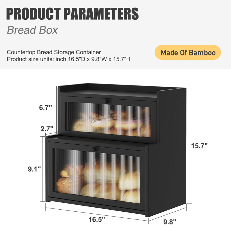 Double Layer Bamboo Bread Box for Kitchen Counter, Black