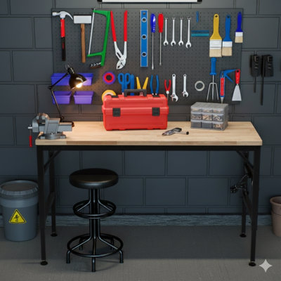 Établi à hauteur réglable, plateau en bois d'hévéa de 60 po, poste de travail robuste avec prises de courant intégrées, supporte 2 000 lb, table de travail en bois massif pour atelier, garage, bureau, maison, usage commercial