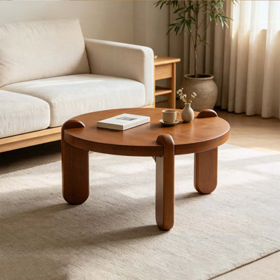 Table basse ronde en bois avec support à 3 pieds, coins arrondis lisses pour la sécurité des enfants, grain de bois naturel pour le salon et la salle de jeux