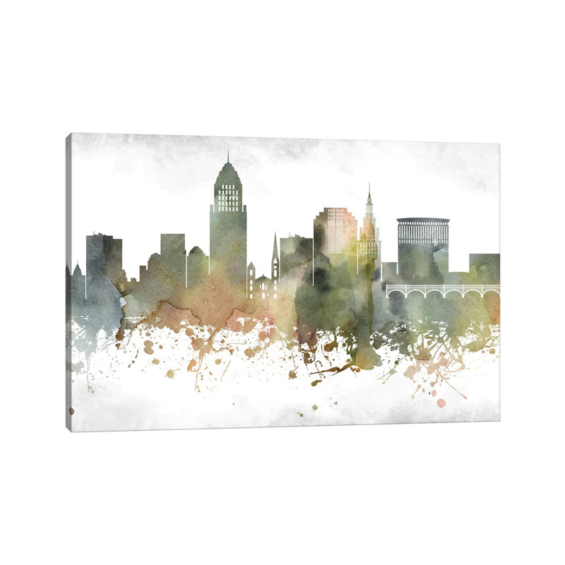 Cleveland Greenish Skyline by WallDecorAddict - Wrapped Canvas Print, 152.5 cm H x 101.5 cm W