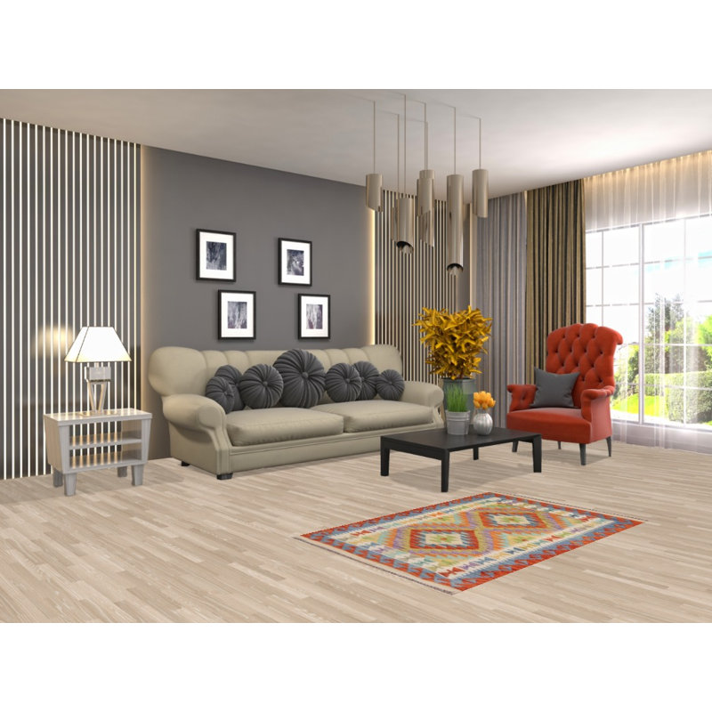 Tapis de vestibule oriental multicolore en laine Kilim 3 x 4